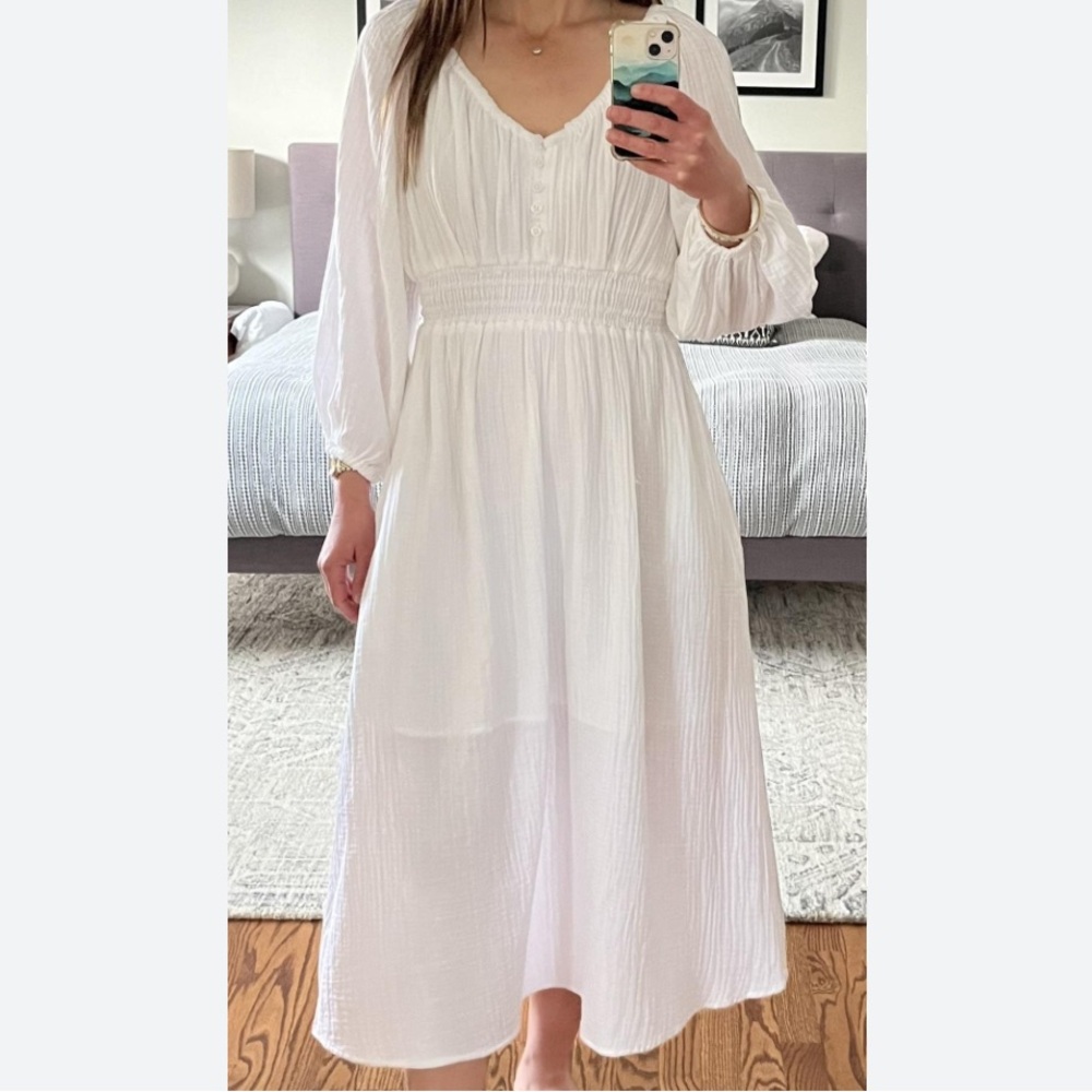 NWT J.Crew V-neck midi dress in soft gauze White Long Sleeve Midi Dress M - Picture 2 of 8